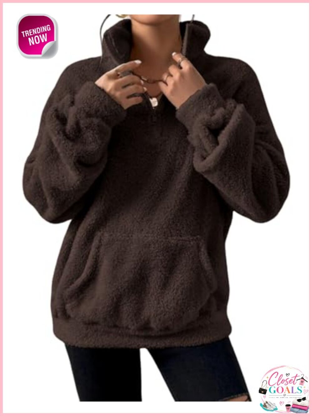 Women's Quarter Zip Fleece Sherpa Pullover Sweatshirt Fuzzy Kangaroo Pocket